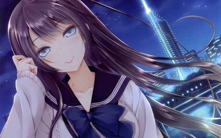 ★a beautiful night☆ - school uniform, manga, anime, girl, long hair, stars, sky