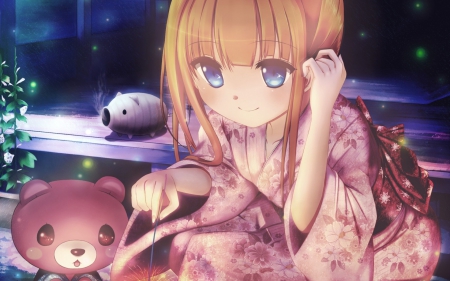 *��`*the end of a cute festival*��`* - teddy bear, cute girl, sparks, kimono, night, fireworks