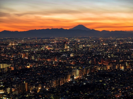 Silhouette of the Mt. Fuji - japan, scenery, city, fuji, japanese