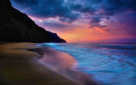 fantastic serene beach at a colorful sunset - clouds, sunset, beach, cliff, sea