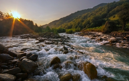 Sunset on a River - sunset, forest, rocks, river