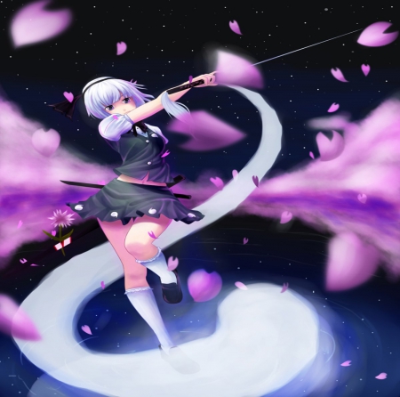 Touhou - anime, pink, purple, sky, clouds, spirit, skirt, soul, beautiful, girl, shiert, beauty, lovely, sweet, petals, black, shirt, lady, woman, cute