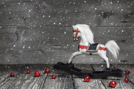 Magic Christmas - wooden, horse, magic christmas, merry christmas, balls, xmas, holidays, christmas