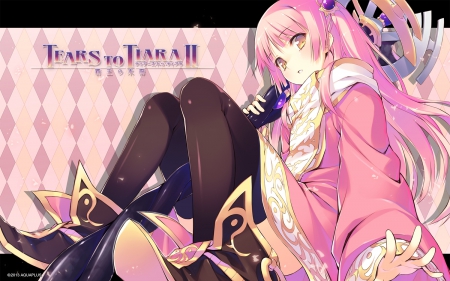 Kleito - pretty, anime, female, dress, long hair, weapon, nice, pink hair, yellow eyes, anime girl, game, blush, cool, kleito, sweet, cg, Tears to Tiara II, awesome, cute