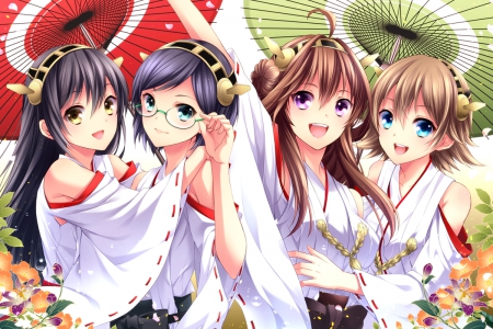 Kantai collection - glasses, beauties, kantai collection, black hair, brown hair, kongou, haruna, miko, cool, umbrella, petals, hiei, nice game, kimono, purple eyes, short hair, yellow eyes, long hair, blue eyes aqua eyes, cg, beautiful, blush, awesome, friends, smile, flowers, kirishima, dress