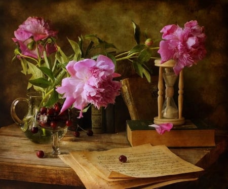 Still life - musical notes, photography, hourglass, music, still life, peonies, abstract, pink, vintage, table, books, flowers, old