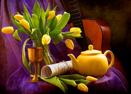 Sound and harmony - abstract, yellow, beautiful, photography, sound, spring, colors, teapot, freshness, still life, harmony, music, guitar, colorful, tulips, purple