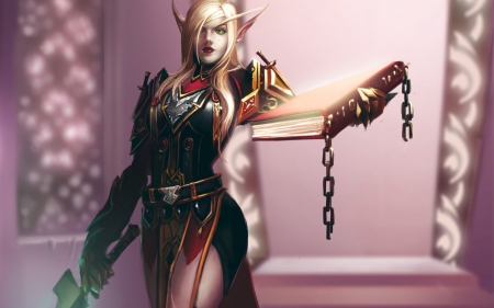 Elf - fighter, wow, game, warrior, chain, girl, blonde, pink, elf, black, fantasy, red, woman, world of warcraft