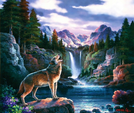 Howl ao Nature - river, trees, waterfall, wolf, artwork, mountains, stones