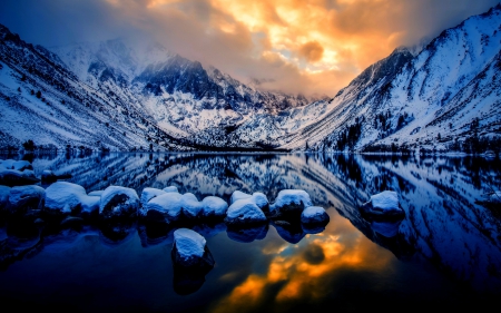 WINTER LAKE at DUSK - winter, lake, sunset, snow