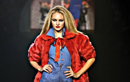 Candice Swanepoel - woman, fur, girl, red, blue, candice swanepoel, model, blonde