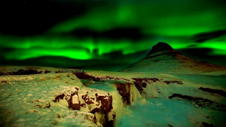 AURORA BOREALIS - aurora borealis, sky, winter, river, falls