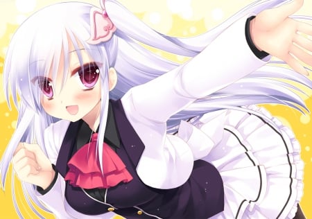 Akechi Hikari - pretty, anime, female, long hair, white hair, purple eyes, uniform, hyper highspeed genius, nice, anime girl, skirt, beautiful, blush, beauty, cool, sweet, smile, awesome, akechi hikari, cute, sexy