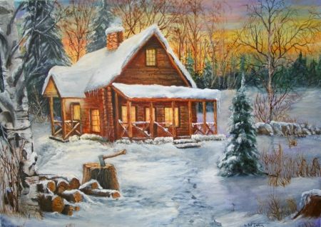 Cabin in the woods - quiet, silence, cabin, snow, cozy, forest, home, calmness, villa, frost, nice, art, cottage, woods, winter, beautiful, lovely, tree, frozen, wooden, lights, painting, cold, serenity