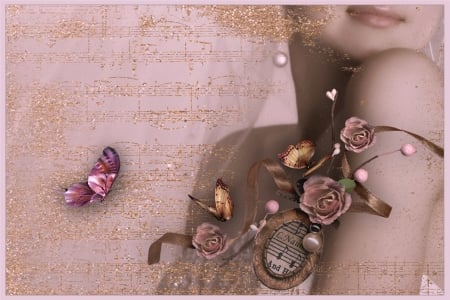 For my friend Cherie (Monarch ) - abstract, roses, delicate, butterflies, beautiful, beauty, pink, feminine, music, fantasy, woman, soft, fowers, floral, golden, stave