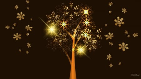 Gold Snowflake Tree - new year, stars, winter, snowflakes, shine, gold, christmas, glow, abstract, tree