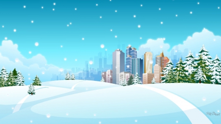 Winter in the City - sky, trees, winter, road, buildings, skyscrapers, town, snow, city, snowing, streets