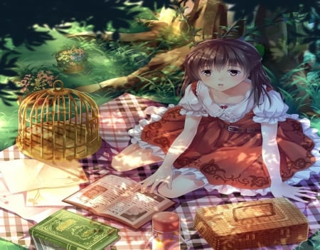 Picnic Day - girl, picnic, cute, book, orginal