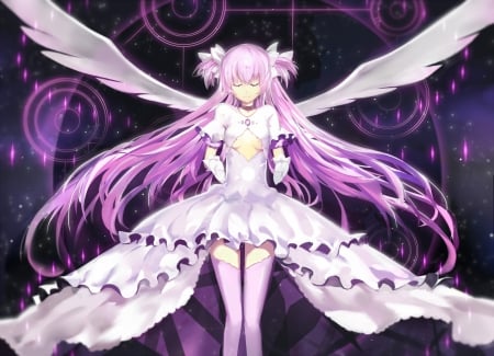 Goddes Madoka - pretty, anime, magic, dress, angel, pink, long hair, circules, purple, goddess, art, beautiful, girl, beauty, lovely, sweet, white, wings, cute, feathers