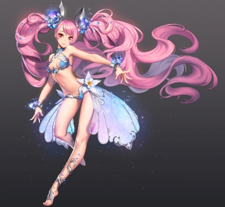 Beauty Girl - anime, jewels, blue, pink, long hair, flowers, bikini, art, sparkle, girl, beauty, lovely, glow, grey, white, lady, woman, cute, sexy, shine