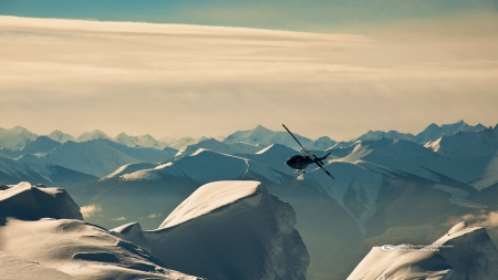 Helicopter Over Mountains by Neal Rogers - Helicopter, British Columbia, Mountains, Helisnowboarding, Heliskiing, Powder, Skiing, Heli-skiing, Crescent Spur, Glacier, Snow, Heli-snowboarding