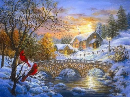 â˜…Sunset in the Winterâ˜… - attractions in dreams, xmas and new year, winter, christmas, cottages, cardinals, love four seasons, holidays, canals, snow, beautiful, sunsets, seasons, paintings, bridges, birds