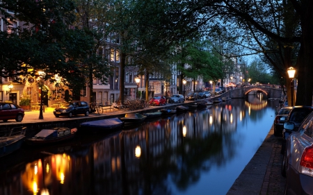 beautiful amsterdam canal at dusk - trees, city, canal, bridge, dusk, lights