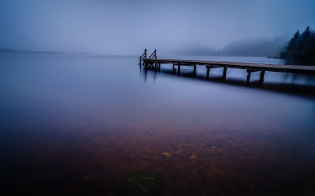 wonderful pier on a misty lake - lake, pier, shore, mist