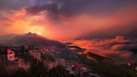 magnificent sunset on a mountain town - clouds, sunset, town, red, mountains