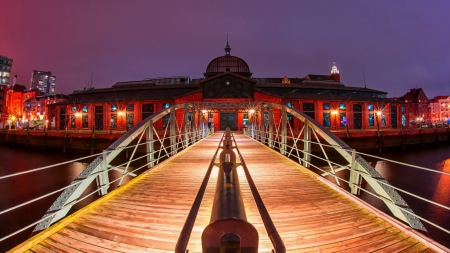 beautiful bridge in hamburg at night - building, rails, light, night, bridge