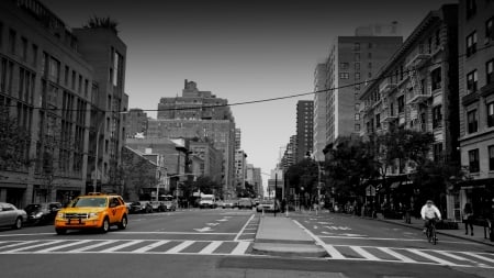 yellow nyc taxi going down 9th avenue - avenue, taxi, black and white, city, yellow