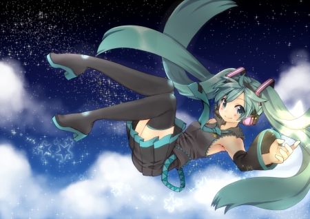 Hatsune Miku - falling, vocaloid, anime, sky, long hair, clouds, skirt, ponytails, hatsune miku