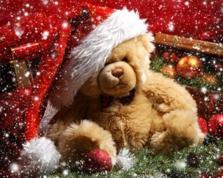 Christmas Teddy - hat, teddy bear, Christmas, flakes