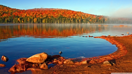 Lake shore - autumn, lake, sky, landscape, mountains, wallpaper, hd, nature, fall, forest, reflection, scene