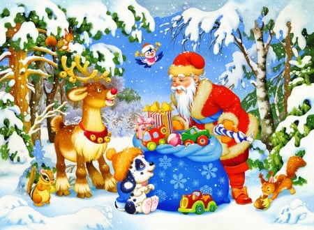 Santa and his pack - nice, new year, fun, animals, smiling, joy, magic, colorful, pack, santa, fall, deers, mood, holiday, tree, gifts, winter, snowflakes, lovely, christmas, frost, bunnies, snow, beautiful, friends