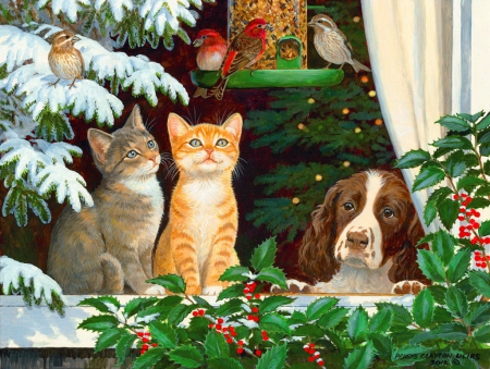 Family and friends - birds, snowflakes, window, snow, merry, family, leaves, happy, holiday, dogs, cats, friends, art, kitties, house, mood, covered, winter, decoration, puppies, sweet, tree, christmas, fall, cardinals, new year, painting, cute