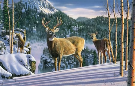 Morning view - morning, slope, sky, mountain, trees, winter, painting, nature, view, art, forest, cold, deers, snow, beautiful