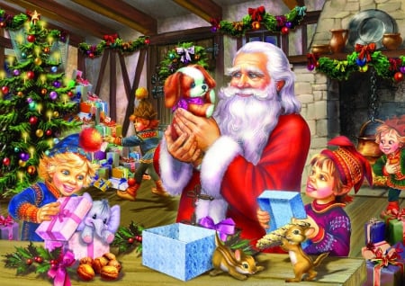 Christmas eve - joy, puppy, claus, toys, christmas, mood, magic, gifts, balls, fun, elves, tree, colorful, love, warmth, art, decoration, eve, holiday, room, friends, santa, painting