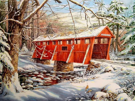 Sleepy Hollow - calm, quiet, covered, trees, winter, creek, snow, sleepy hollow, river, shore, painting, serenity, cold, art, bridge