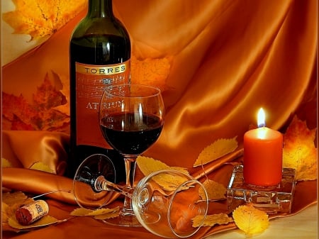 AUTUMN LIGHT - wine, bottle, cloth, candle, glass, leaves