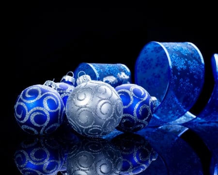 Christmas balls - balls, ribbon, christmas, blue