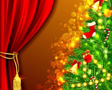 Christmas tree - tree, christmas, curtain, lights