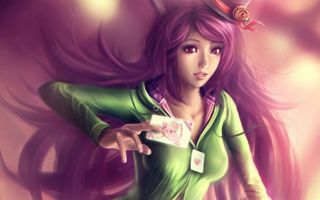 Playing cards - card, purple, fantasy, pink, hat, game, girl, green