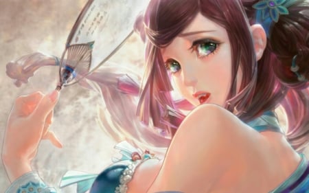 Vampire - woman, fan, girl, vampire, fantasy, geisha, fang, pink, blue, anime, feather, parkyr