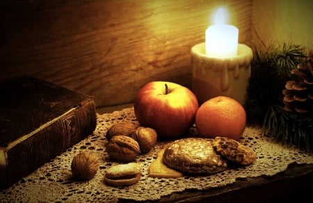 Christmas candle - abstract, apples, book, candle, Christmas, still life