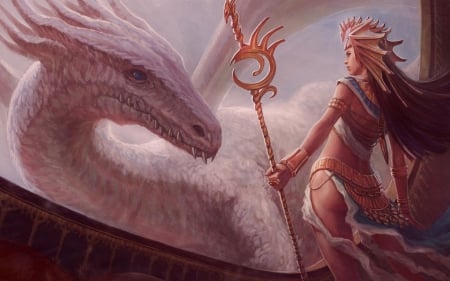 The White Dragon - women, princess, girl, magic, fantasy, white, maya, game, pink, dragon