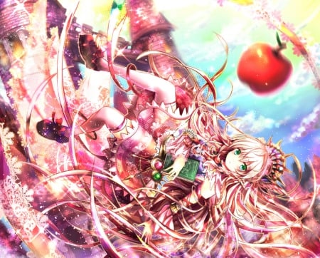 Apple - nice, beauty, female, ribbons, anime girl, crown, book, pretty, cool, glowing, anime, cute, apple, pink hair, long hair, green eyes, beautiful, sweet, awesome, lights, dress