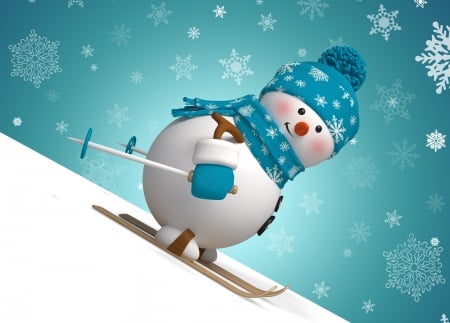 Cute Snowman - snowman, xmas, skiing, happy holidays, winter, magic christmas, christmas, white, holidays, cold, merry christmas, blue, mittens