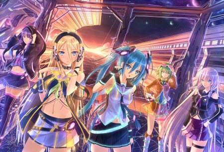 Vocaloid - pretty, anime, yellow, blue, night, pink, long hair, music, purple, red, art, ladies, women, skirt, beautiful, beauty, lovely, sweet, girls, glow, cute