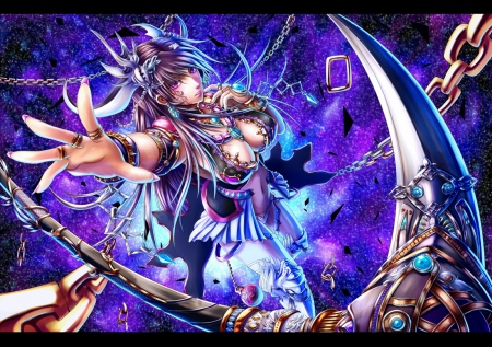 Dark Beauty - purple eyes, beautiful, game, stars, anime girl, fantasy, magic, scythe, light, weapon, demon, pretty, cool, beauty, awesome, dark, anime, purple hair, cg, long hair, nice, sexy, female